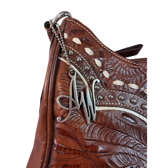 American West Brown Tooled Leather Shoulder Bag With Dust Bag - Picture 6 of 13